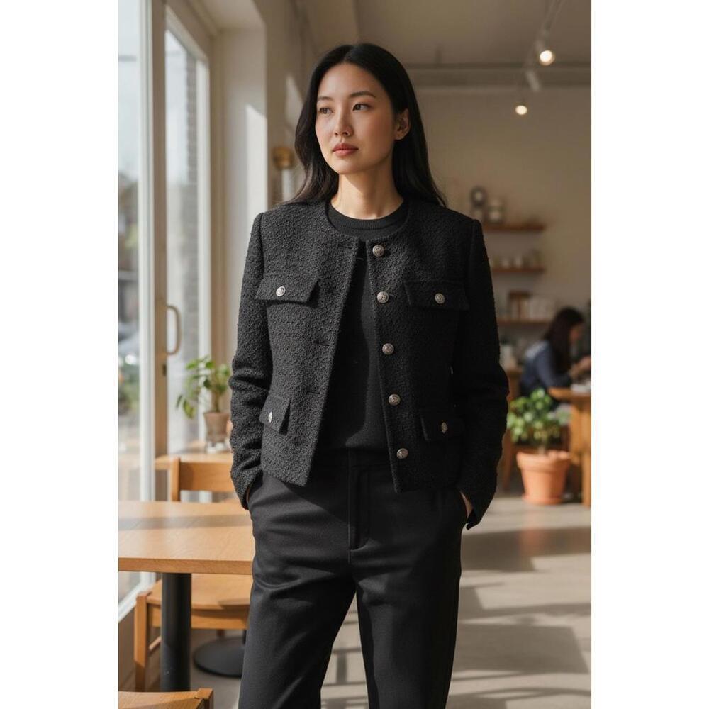H&M XS Black textured Weave Jacket Blazer Round Neck front faux pockets Cropped